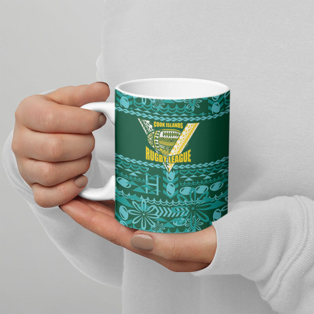Cook Islands Island Floral Ceramic Mug Teal Traditional Kuki's Geometric Pattern
