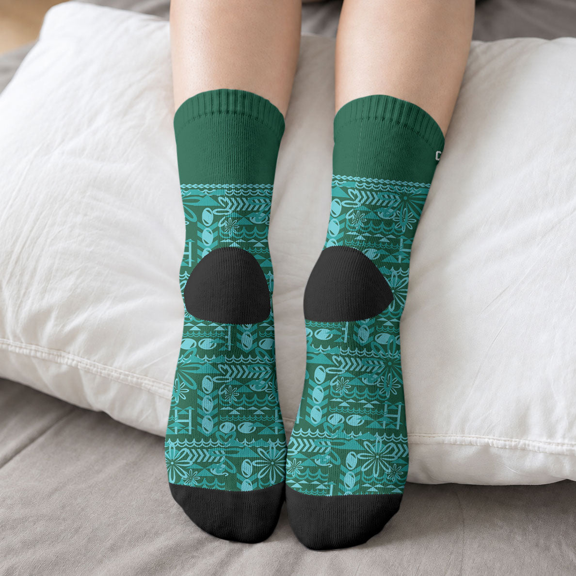 Cook Islands Island Floral Crew Socks Teal Traditional Kuki's Geometric Pattern