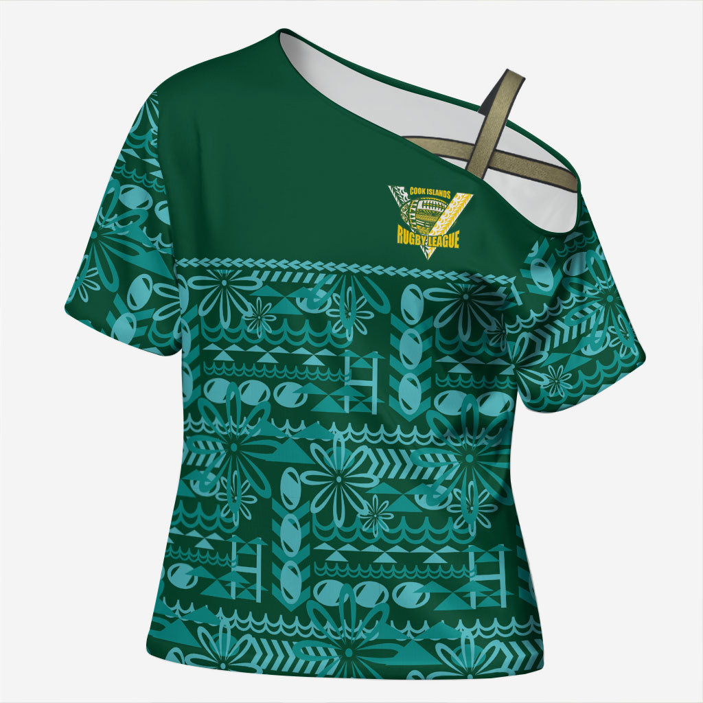 Cook Islands Island Floral Cross Shoulder Shirt Teal Traditional Kuki's Geometric Pattern
