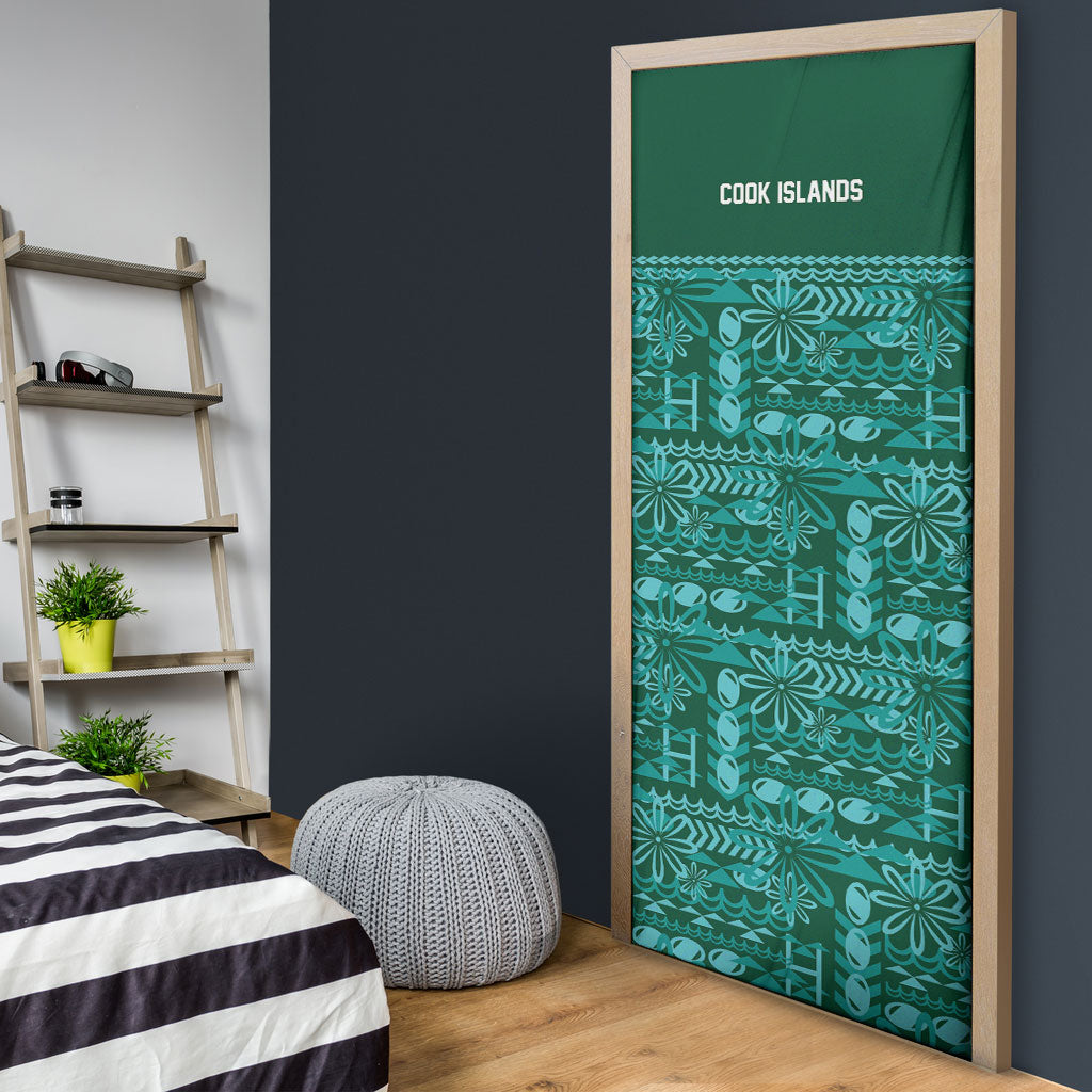 Cook Islands Island Floral Door Cover Teal Traditional Kuki's Geometric Pattern LT9 - Polynesian Pride