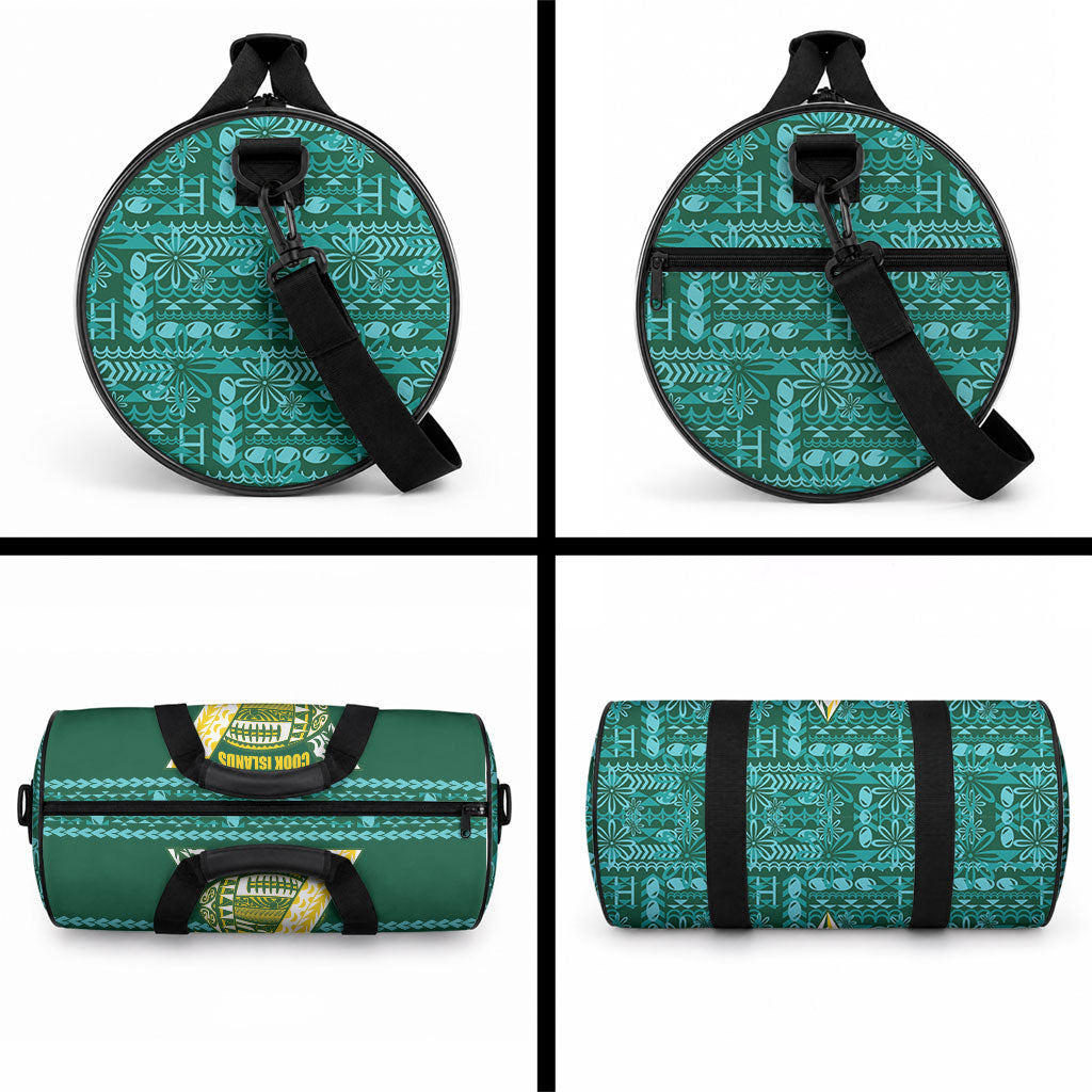 Cook Islands Island Floral Duffle Bag Teal Traditional Kuki's Geometric Pattern LT9 - Polynesian Pride