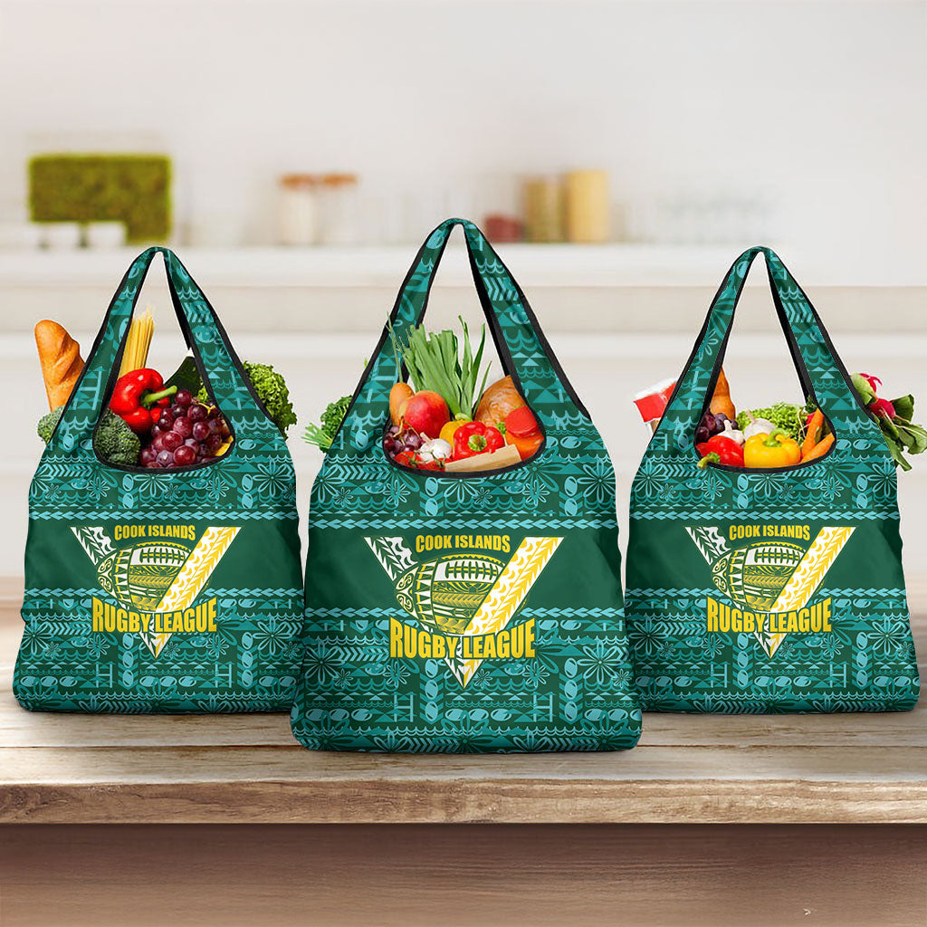 Cook Islands Island Floral Grocery Bag Teal Traditional Kuki's Geometric Pattern LT9 3-pack One Size Teal - Polynesian Pride
