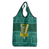 Cook Islands Island Floral Grocery Bag Teal Traditional Kuki's Geometric Pattern LT9 - Polynesian Pride