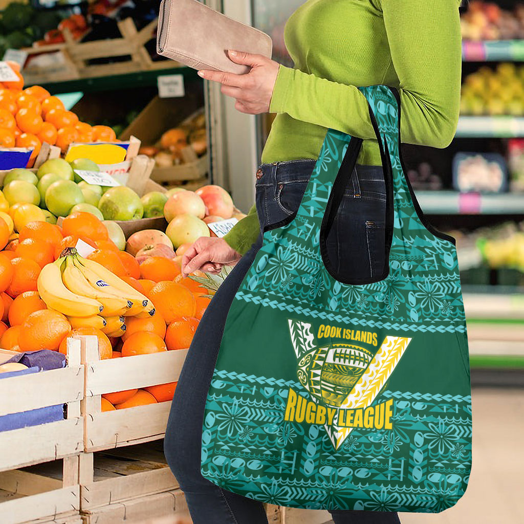 Cook Islands Island Floral Grocery Bag Teal Traditional Kuki's Geometric Pattern LT9 - Polynesian Pride