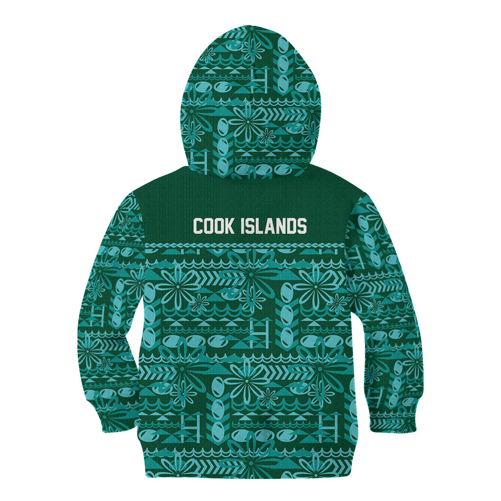 Cook Islands Island Floral Kid Hoodie Teal Traditional Kuki's Geometric Pattern LT9 - Polynesian Pride
