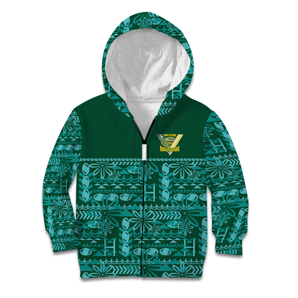 Cook Islands Island Floral Kid Hoodie Teal Traditional Kuki's Geometric Pattern LT9 Zip Hoodie Teal - Polynesian Pride