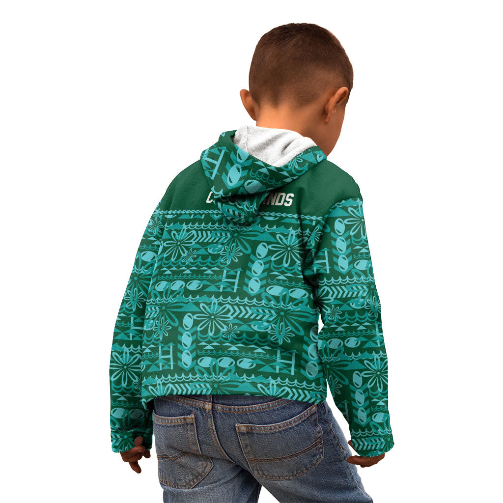 Cook Islands Island Floral Kid Hoodie Teal Traditional Kuki's Geometric Pattern LT9 - Polynesian Pride