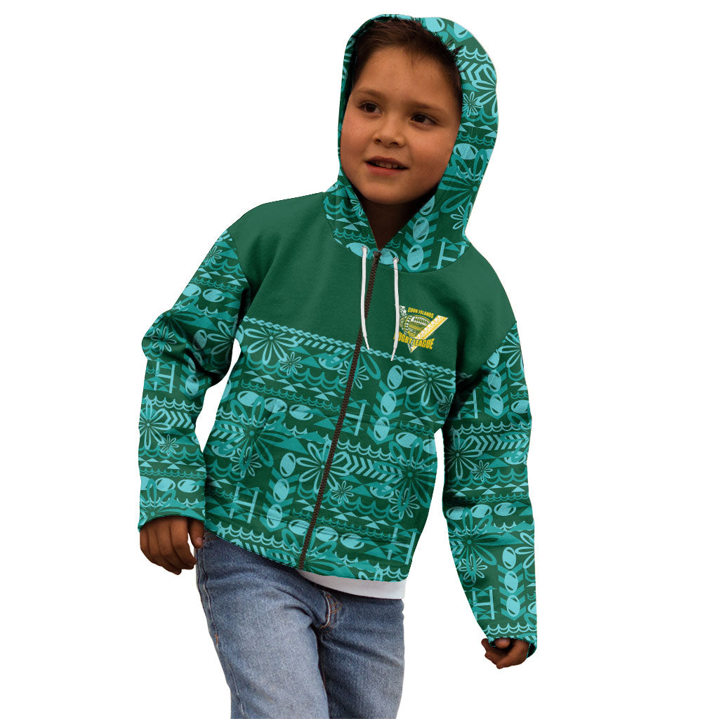 Cook Islands Island Floral Kid Hoodie Teal Traditional Kuki's Geometric Pattern LT9 - Polynesian Pride