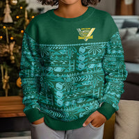 Cook Islands Island Floral Kid Ugly Christmas Sweater Teal Traditional Kuki's Geometric Pattern LT9 - Polynesian Pride