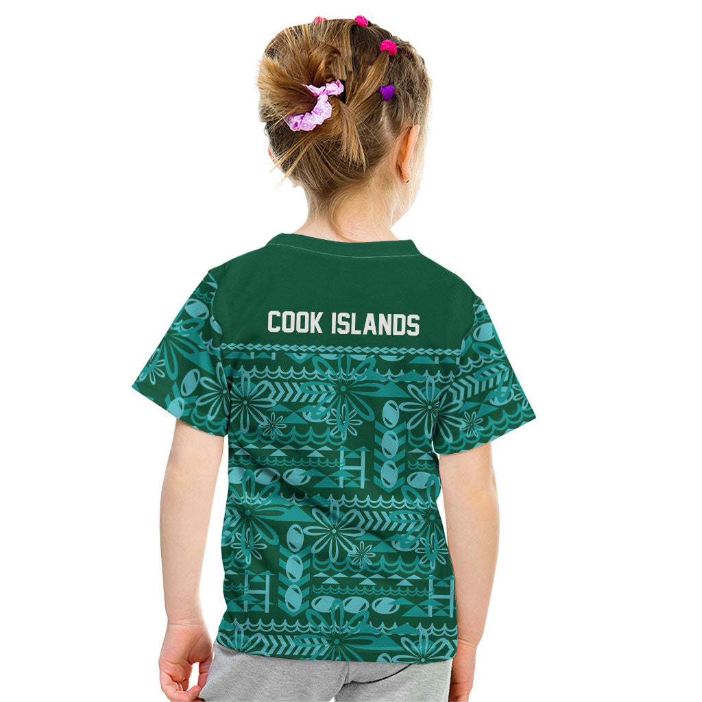Cook Islands Island Floral Kid T Shirt Teal Traditional Kuki's Geometric Pattern LT9 - Polynesian Pride