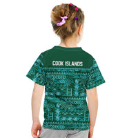 Cook Islands Island Floral Kid T Shirt Teal Traditional Kuki's Geometric Pattern LT9 - Polynesian Pride
