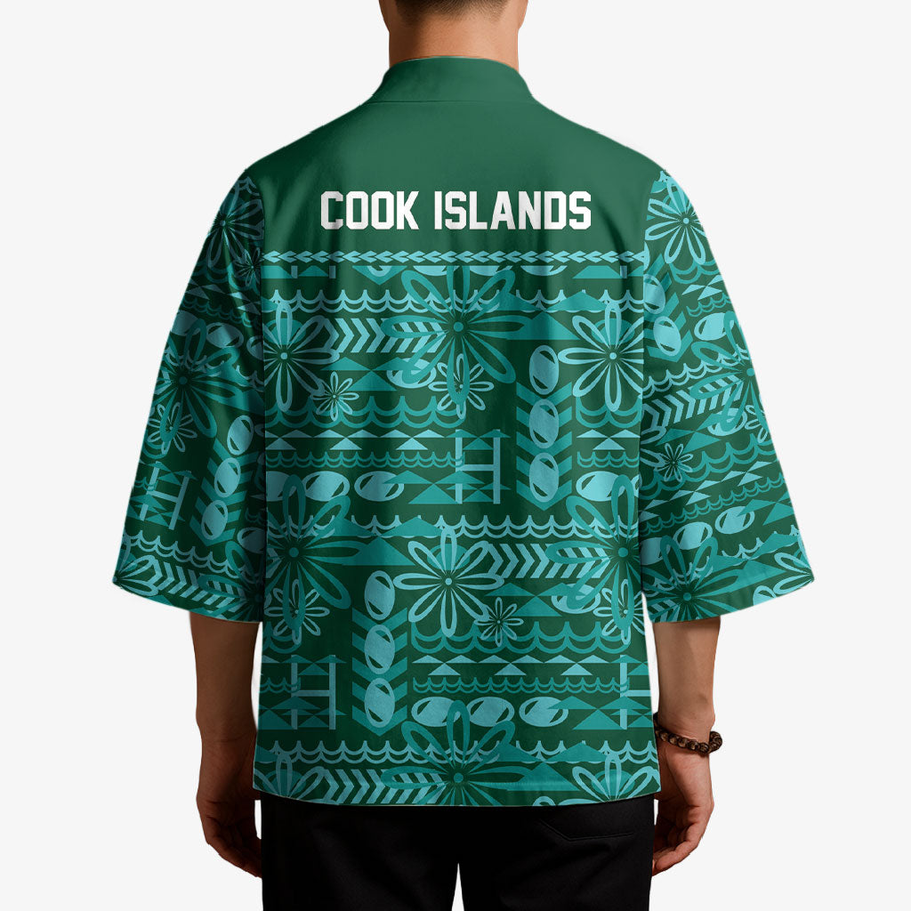 Cook Islands Island Floral Kimono Teal Traditional Kuki's Geometric Pattern