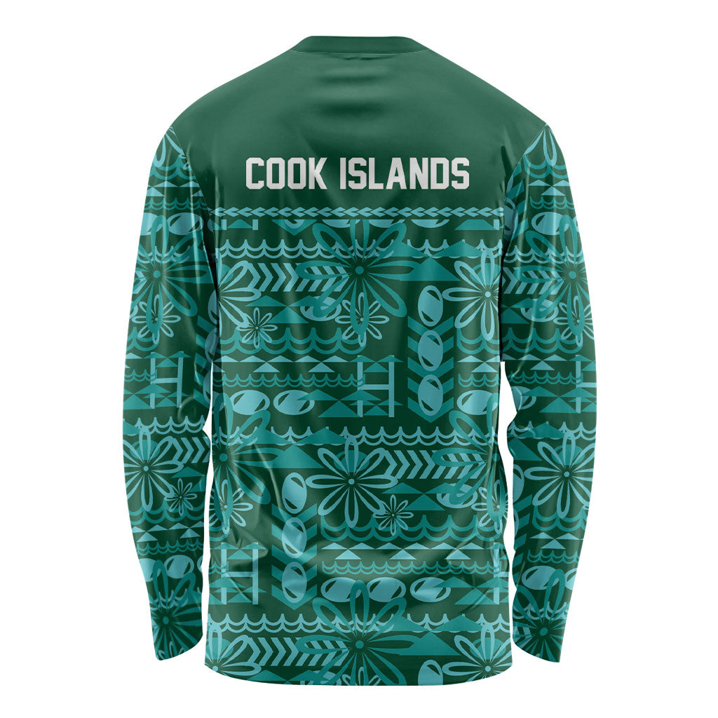 Cook Islands Island Floral Long Sleeve Shirt Teal Traditional Kuki's Geometric Pattern LT9 - Polynesian Pride