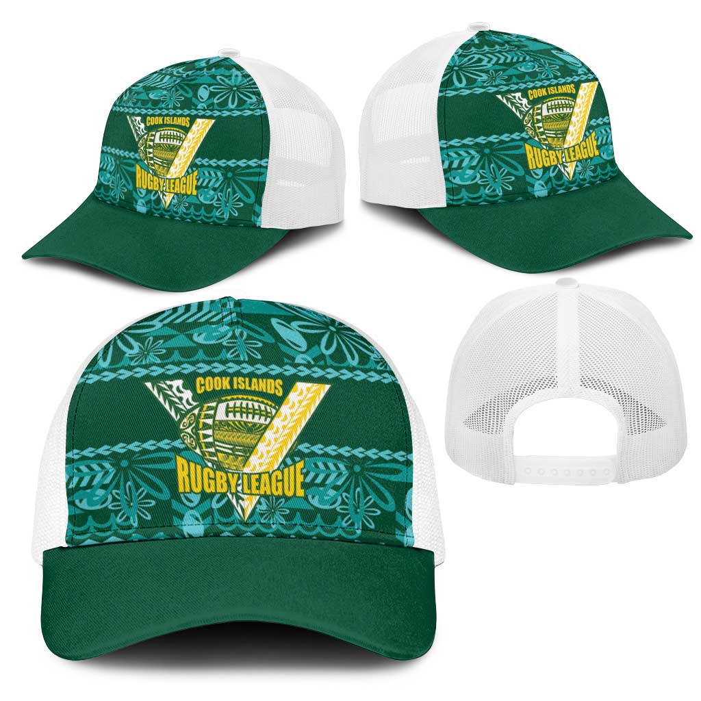 Cook Islands Island Floral Mesh Trucker Cap Teal Traditional Kuki's Geometric Pattern