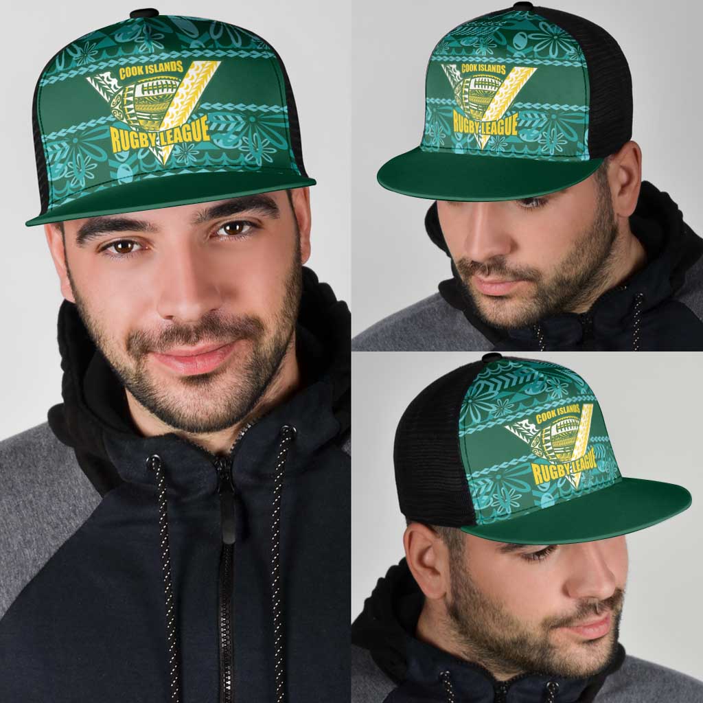 Cook Islands Island Floral Mesh Trucker Cap Teal Traditional Kuki's Geometric Pattern