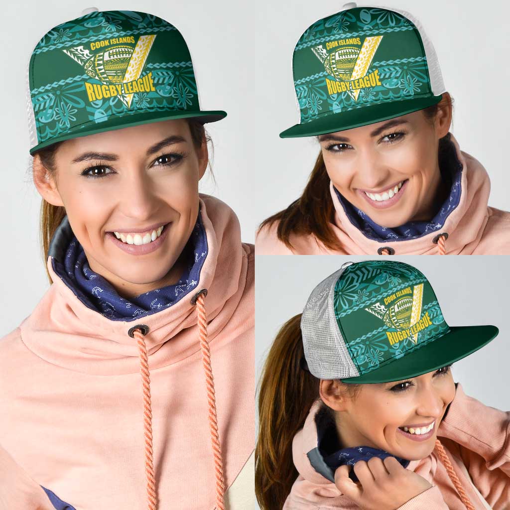 Cook Islands Island Floral Mesh Trucker Cap Teal Traditional Kuki's Geometric Pattern