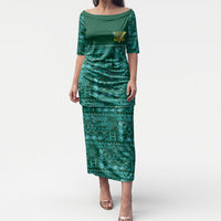 Cook Islands Island Floral Puletasi Teal Traditional Kuki's Geometric Pattern LT9 Long Dress Teal - Polynesian Pride