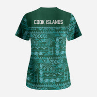 Cook Islands Island Floral Scrub Top Teal Traditional Kuki's Geometric Pattern