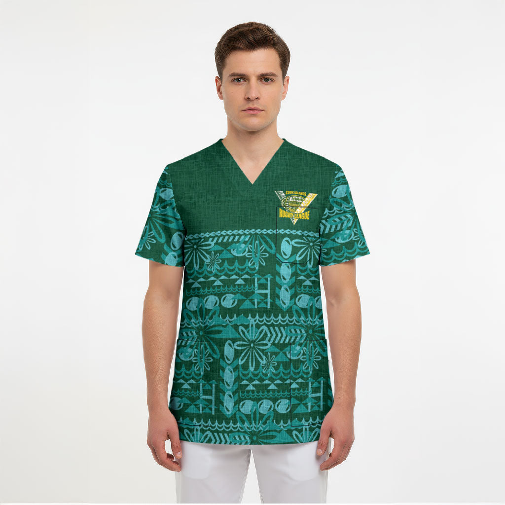 Cook Islands Island Floral Scrub Top Teal Traditional Kuki's Geometric Pattern