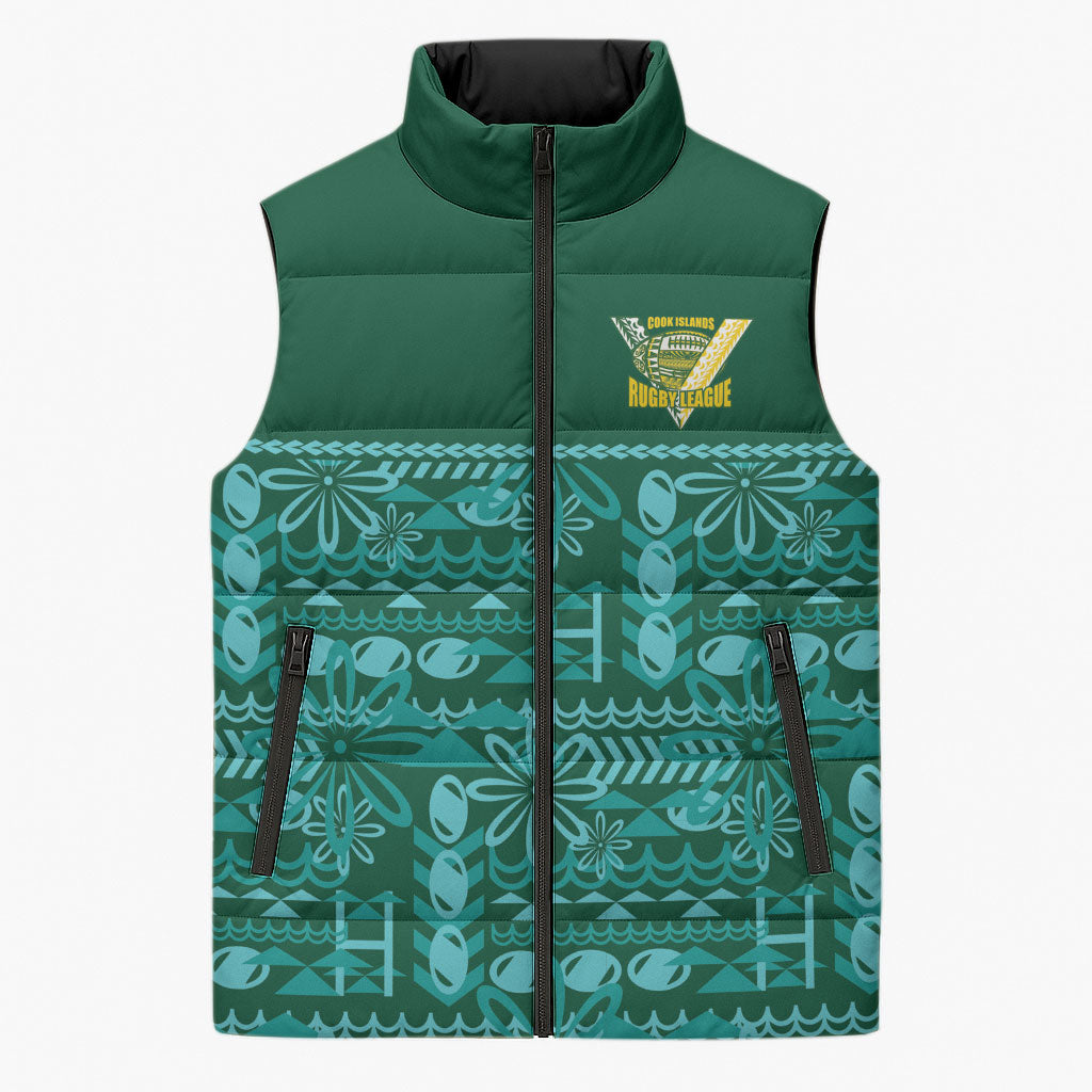 Cook Islands Island Floral Sleeveless Puffer Jacket Teal Traditional Kuki's Geometric Pattern LT9 Unisex Teal - Polynesian Pride