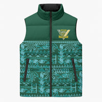 Cook Islands Island Floral Sleeveless Puffer Jacket Teal Traditional Kuki's Geometric Pattern