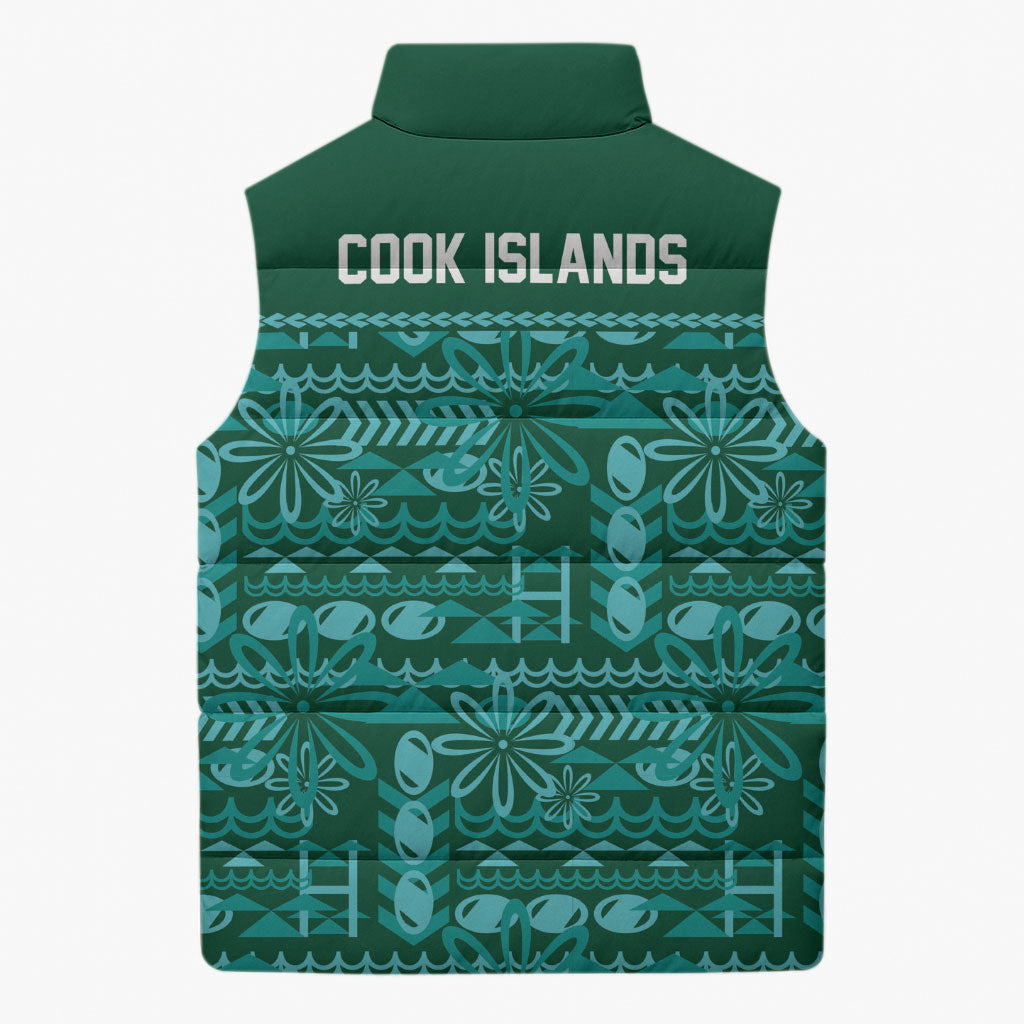 Cook Islands Island Floral Sleeveless Puffer Jacket Teal Traditional Kuki's Geometric Pattern