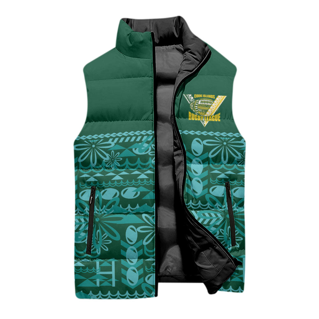 Cook Islands Island Floral Sleeveless Puffer Jacket Teal Traditional Kuki's Geometric Pattern