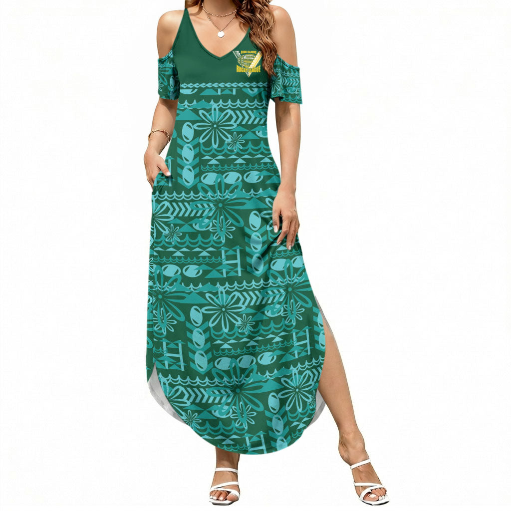 Cook Islands Island Floral Summer Maxi Dress Teal Traditional Kuki's Geometric Pattern LT9 Women Teal - Polynesian Pride