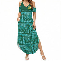 Cook Islands Island Floral Summer Maxi Dress Teal Traditional Kuki's Geometric Pattern LT9 Women Teal - Polynesian Pride
