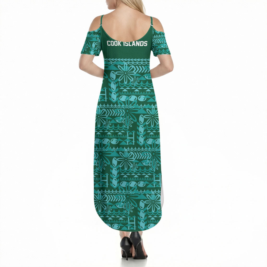 Cook Islands Island Floral Summer Maxi Dress Teal Traditional Kuki's Geometric Pattern LT9 - Polynesian Pride
