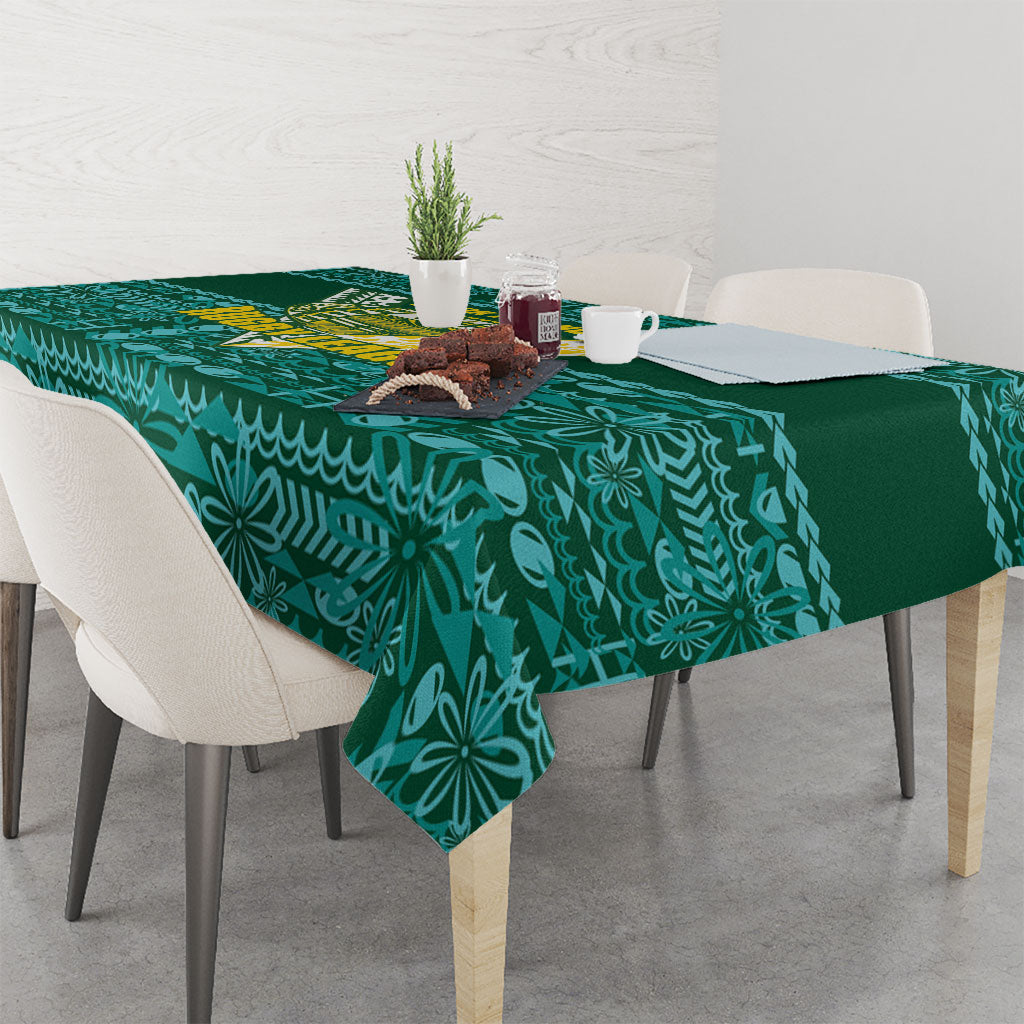 Cook Islands Island Floral Tablecloth Teal Traditional Kuki's Geometric Pattern