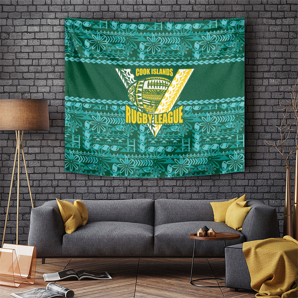 Cook Islands Island Floral Tapestry Teal Traditional Kuki's Geometric Pattern LT9 Teal - Polynesian Pride