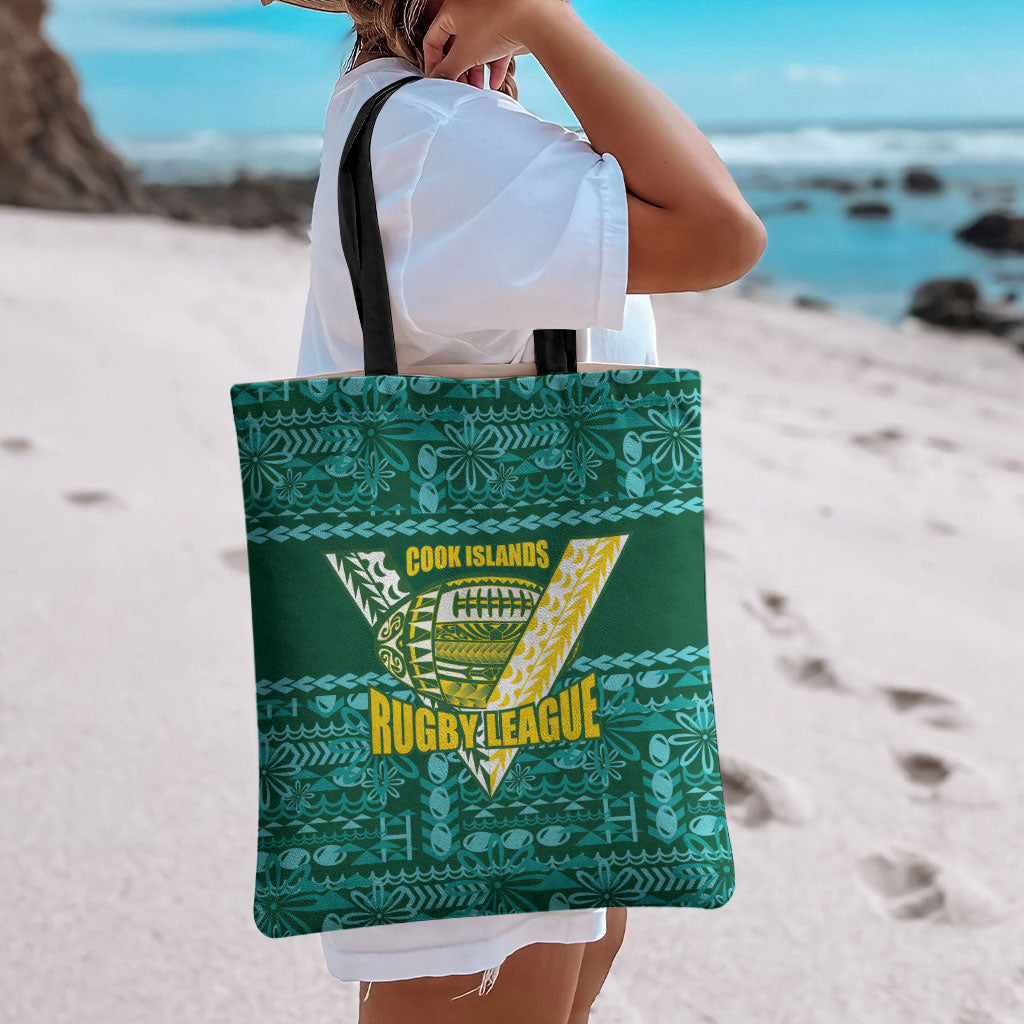 Cook Islands Island Floral Tote Bag Teal Traditional Kuki's Geometric Pattern LT9 - Polynesian Pride