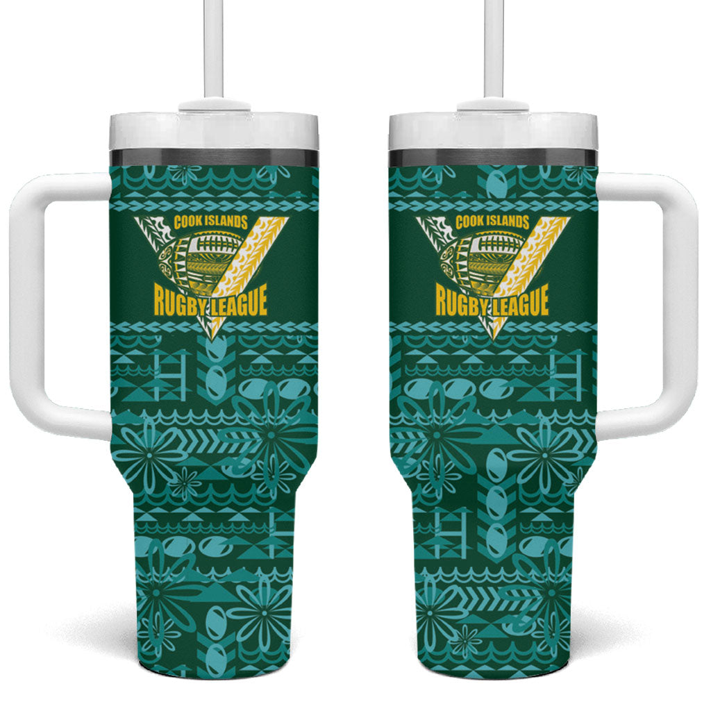 Cook Islands Island Floral Tumbler With Handle Teal Traditional Kuki's Geometric Pattern