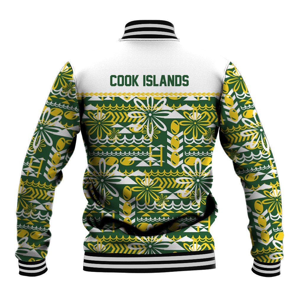 Cook Islands Island Floral Baseball Jacket Green Traditional Kuki's Geometric Pattern LT9 - Polynesian Pride