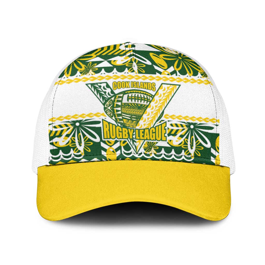 Cook Islands Island Floral Baseball Net Cap Green Traditional Kuki's Geometric Pattern LT9 One Size White Green - Polynesian Pride