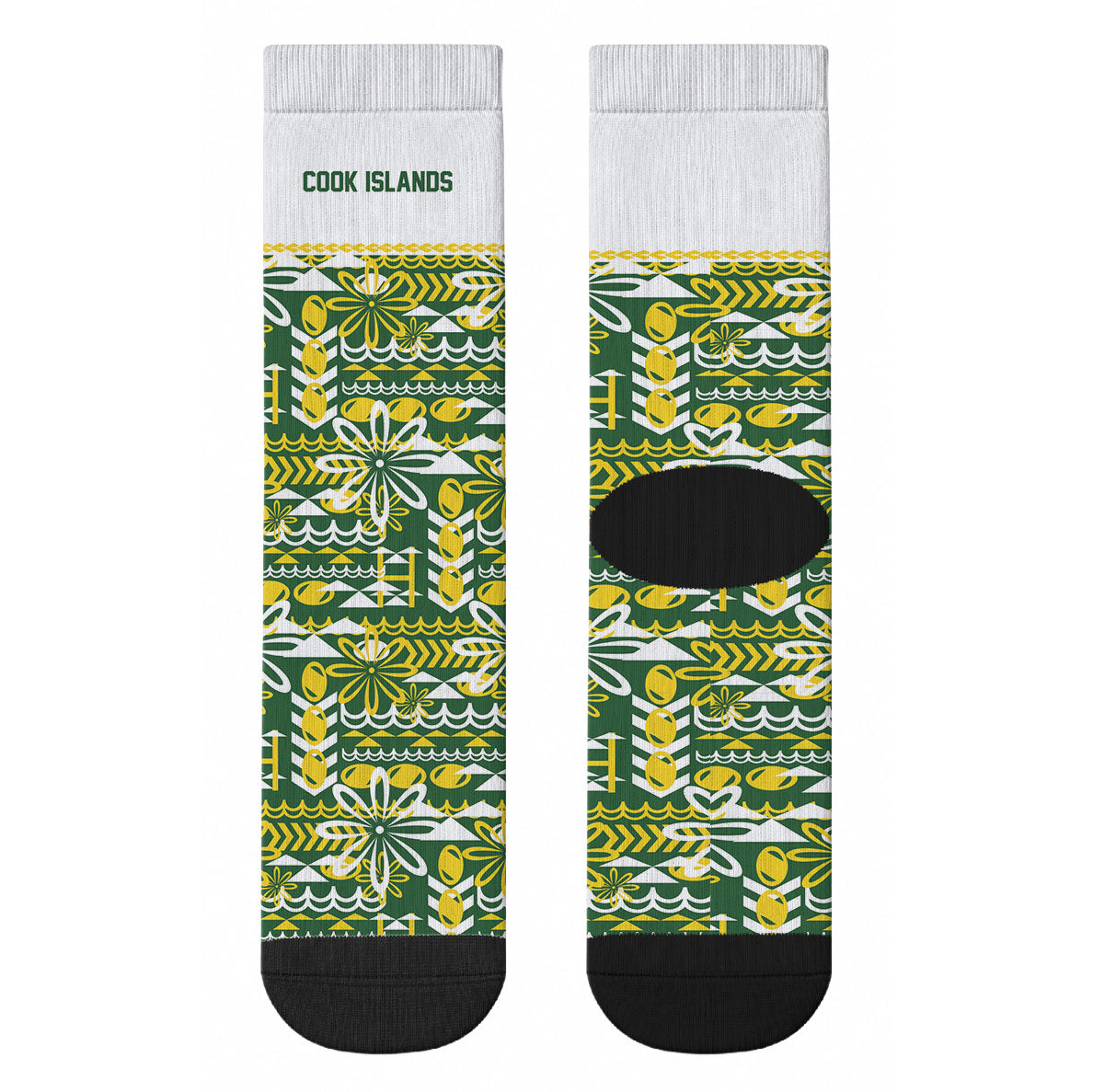Cook Islands Island Floral Crew Socks Green Traditional Kuki's Geometric Pattern LT9 - Polynesian Pride