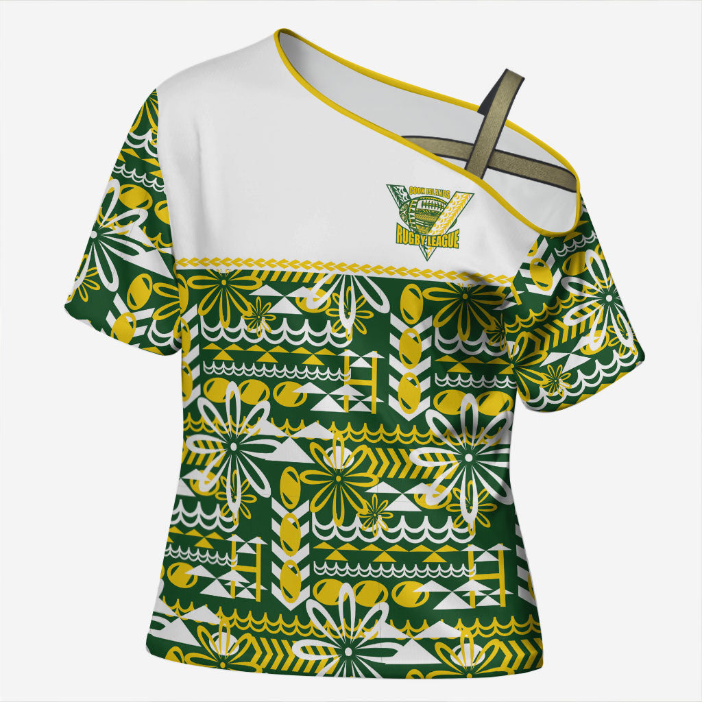 Cook Islands Island Floral Cross Shoulder Shirt Green Traditional Kuki's Geometric Pattern