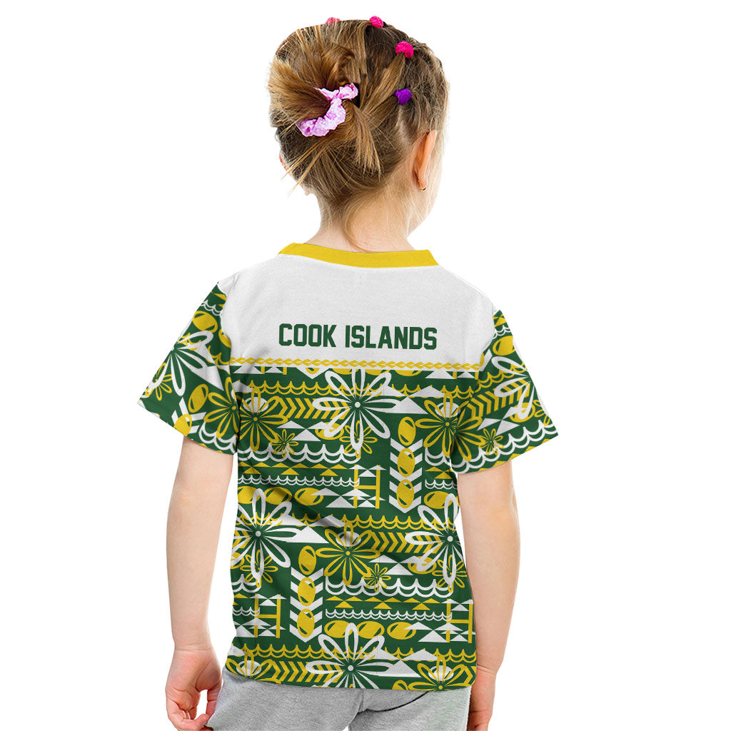 Cook Islands Island Floral Kid T Shirt Green Traditional Kuki's Geometric Pattern LT9 - Polynesian Pride