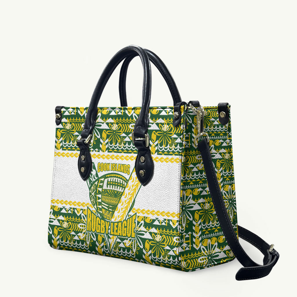 Cook Islands Island Floral Leather Bag Green Traditional Kuki's Geometric Pattern LT9 Green - Polynesian Pride