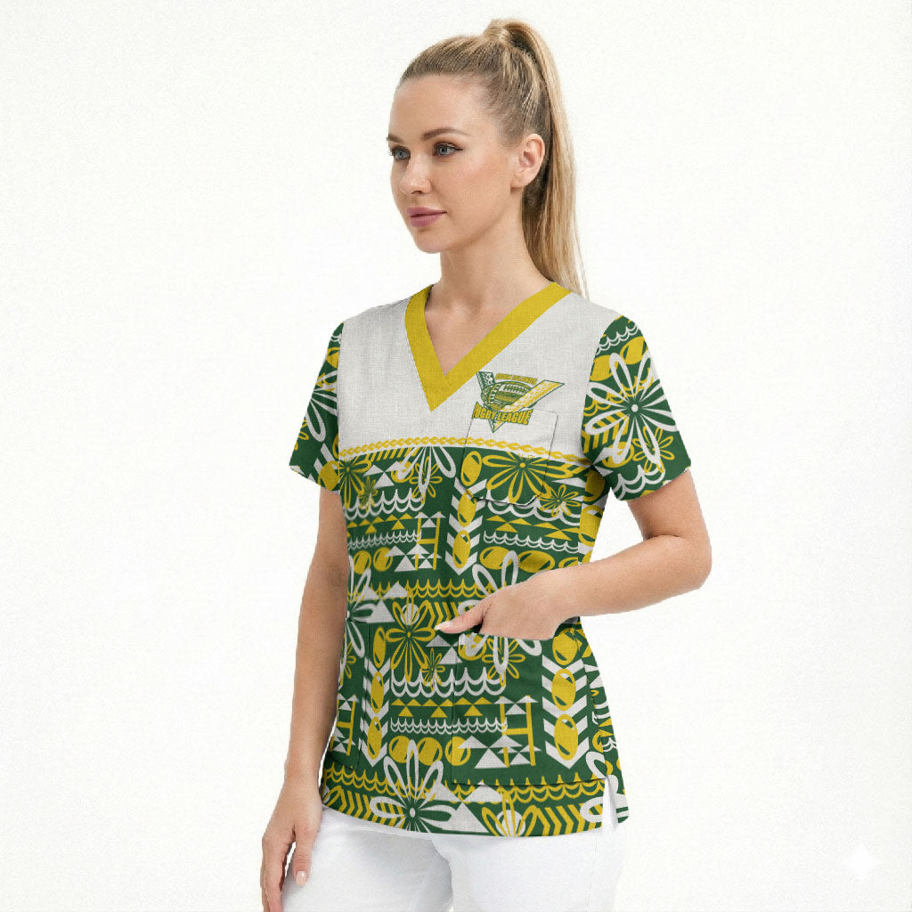 Cook Islands Island Floral Scrub Top Green Traditional Kuki's Geometric Pattern LT9 - Polynesian Pride