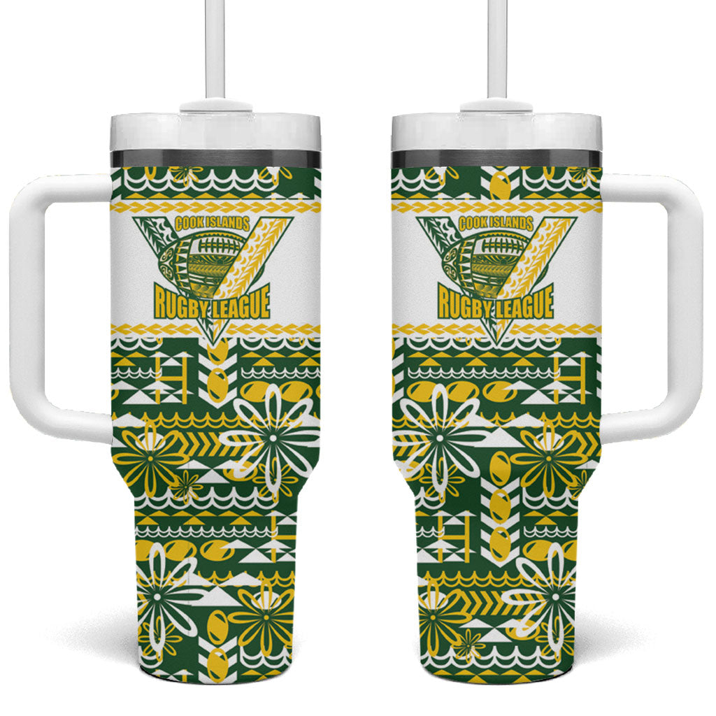 Cook Islands Island Floral Tumbler With Handle Green Traditional Kuki's Geometric Pattern