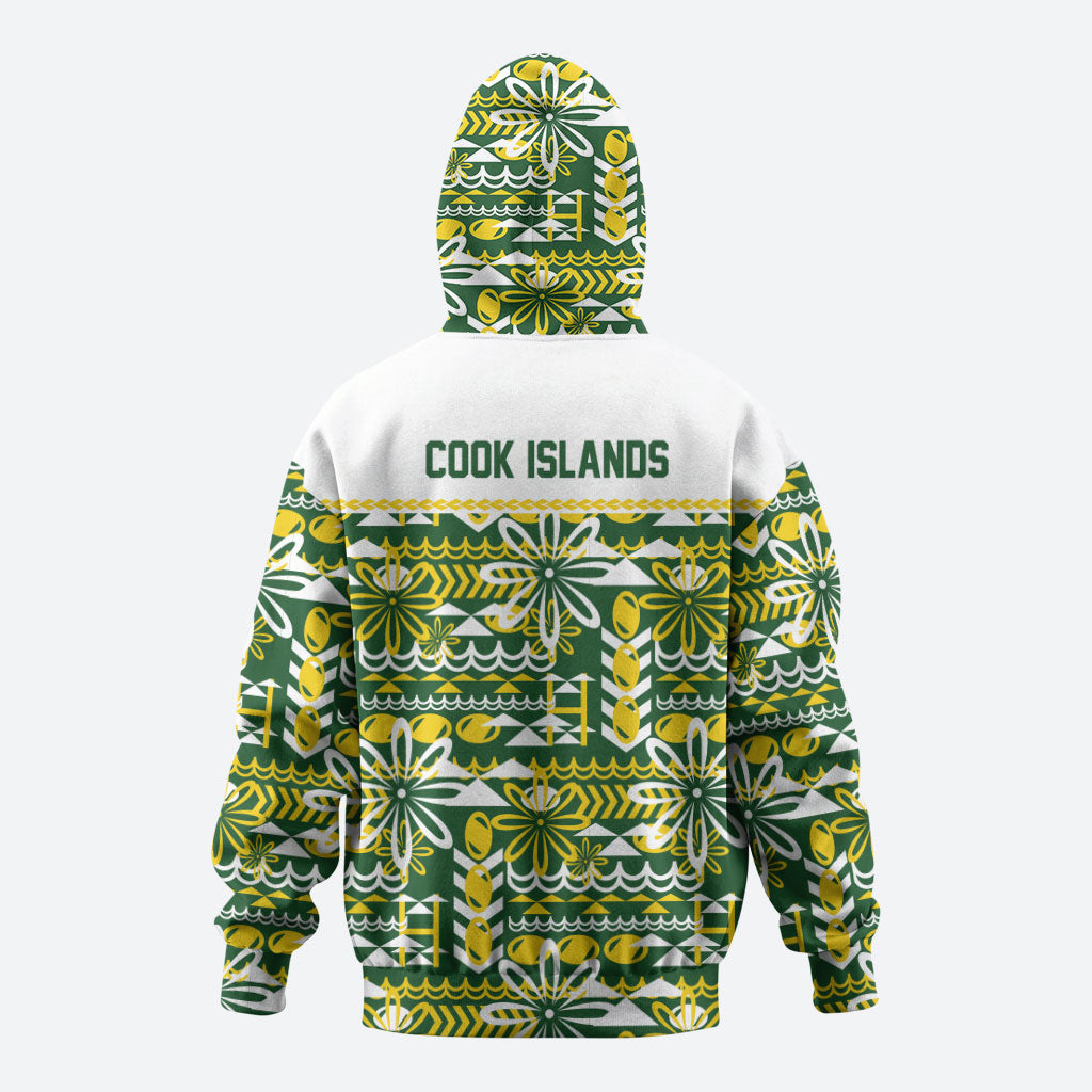 Cook Islands Island Floral Zip Hoodie Green Traditional Kuki's Geometric Pattern LT9 - Polynesian Pride