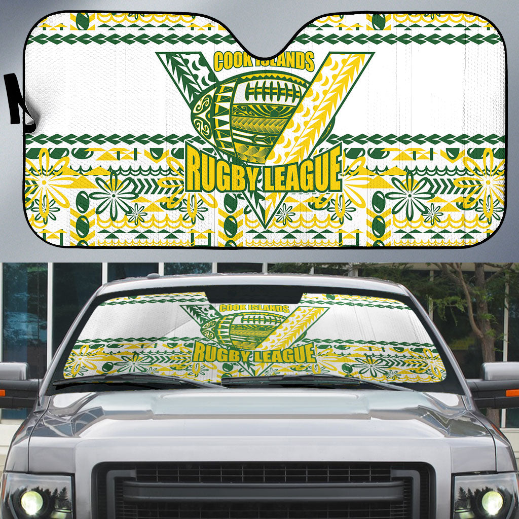 Cook Islands Island Floral Auto Sun Shade White Traditional Kuki's Geometric Pattern LT9 White - Polynesian Pride