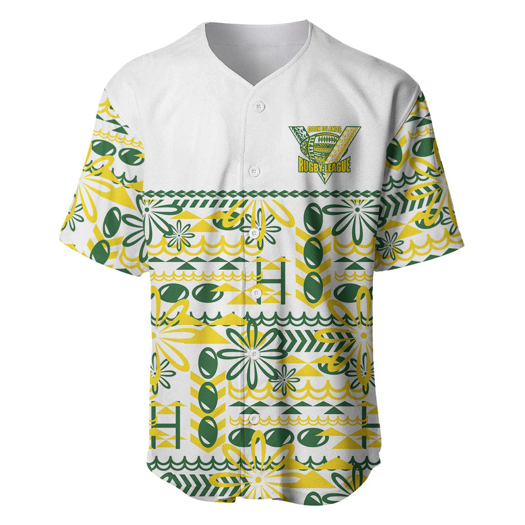 Cook Islands Island Floral Baseball Jersey White Traditional Kuki's Geometric Pattern LT9 White - Polynesian Pride