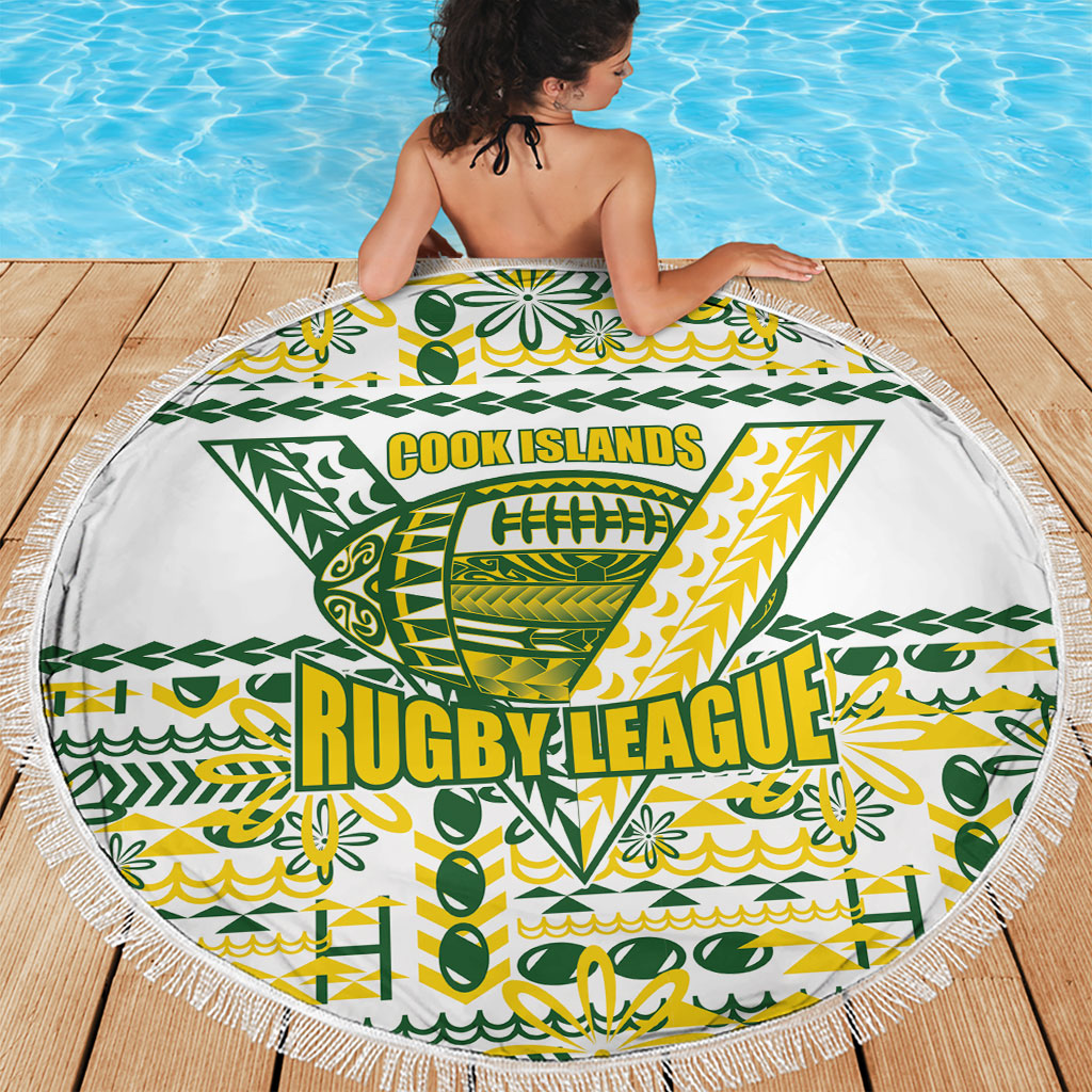 Cook Islands Island Floral Beach Blanket White Traditional Kuki's Geometric Pattern LT9 - Polynesian Pride