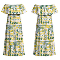 Cook Islands Island Floral Couples Matching Off Shoulder Maxi Dress and Long Sleeve Button Shirt White Traditional Kuki's Geometric Pattern LT9 - Polynesian Pride