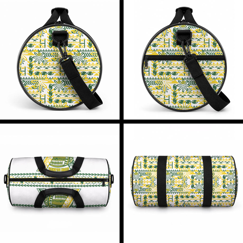 Cook Islands Island Floral Duffle Bag White Traditional Kuki's Geometric Pattern LT9 - Polynesian Pride