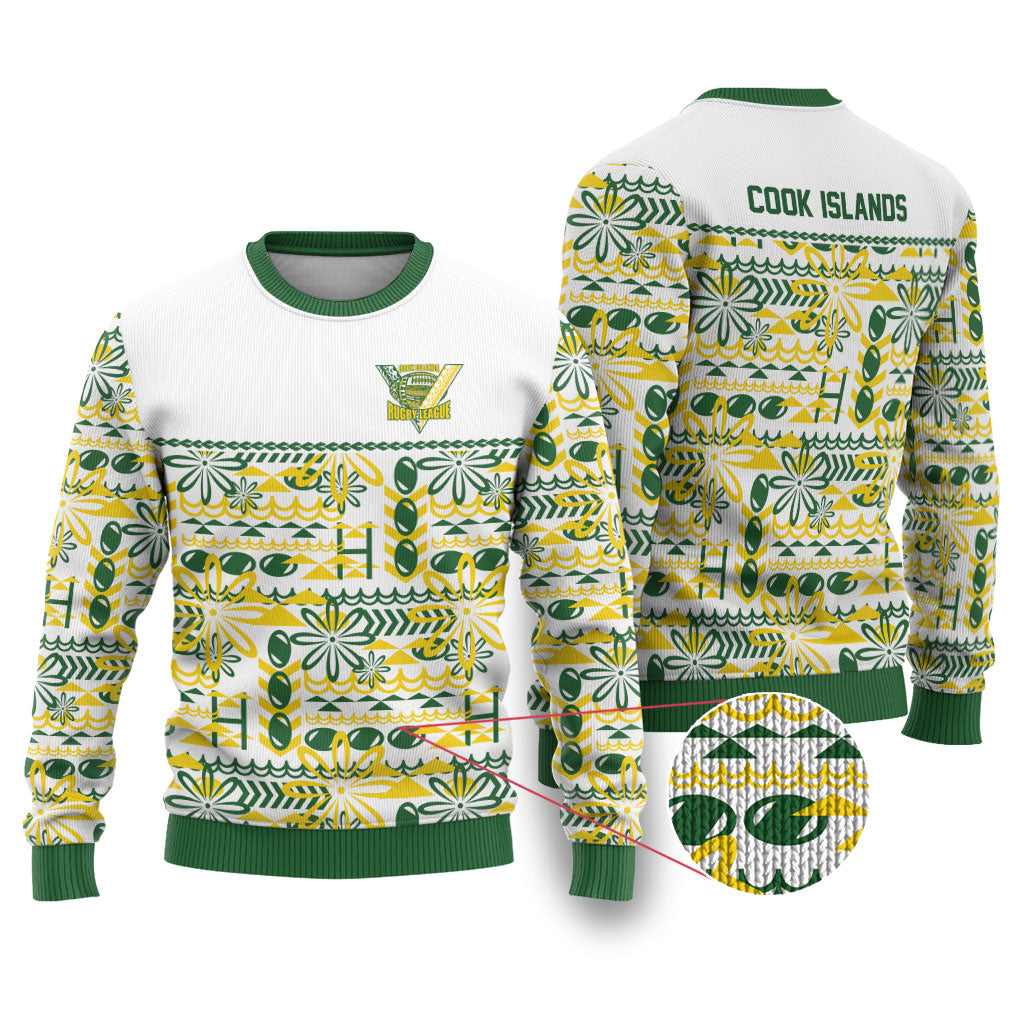 Cook Islands Island Floral Ugly Christmas Sweater White Traditional Kuki's Geometric Pattern LT9 White - Polynesian Pride