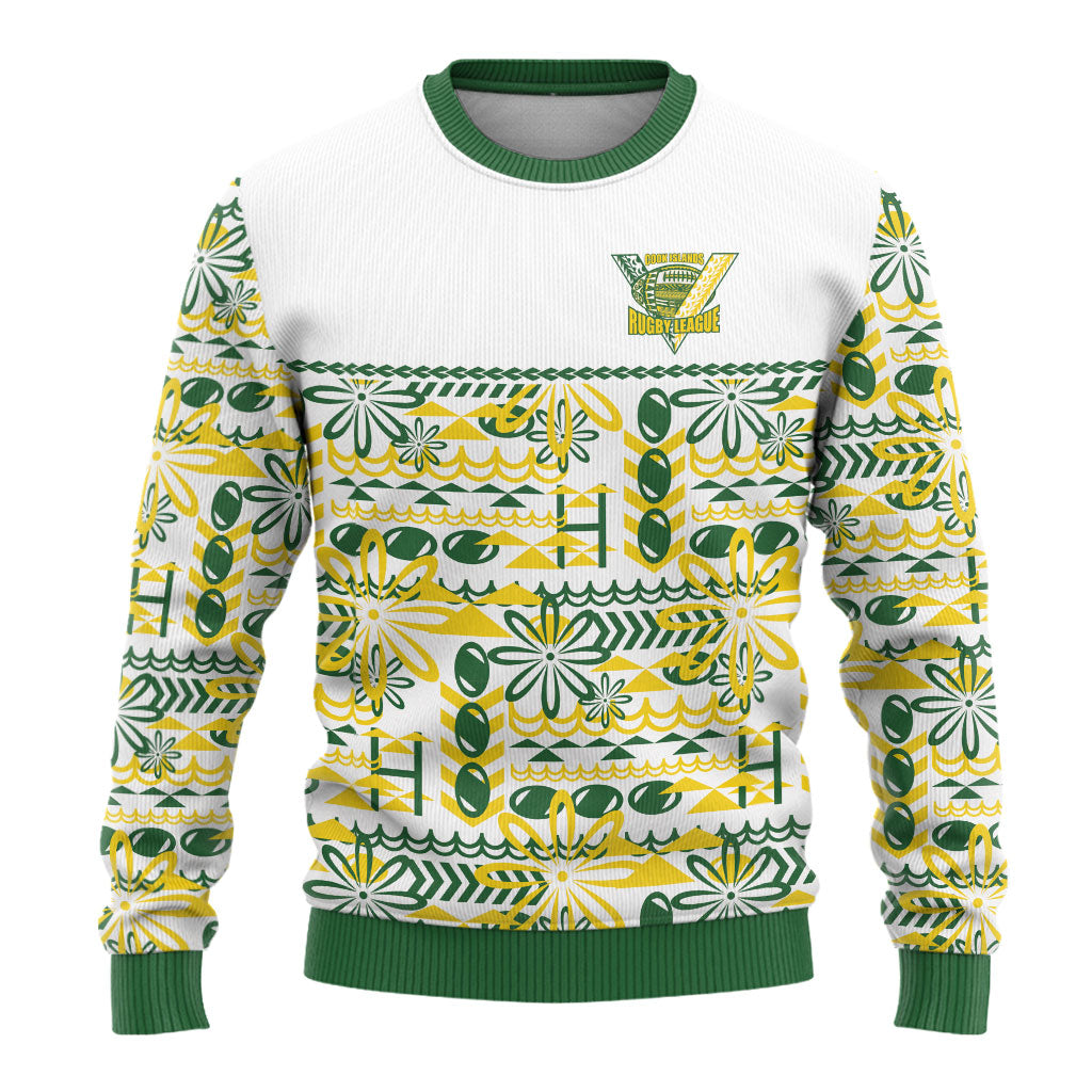 Cook Islands Island Floral Ugly Christmas Sweater White Traditional Kuki's Geometric Pattern LT9 - Polynesian Pride